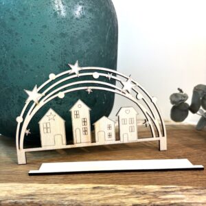 Übersicht aller gelaserten Holzteile des Häuser Schwibbogens – Laserdatei für Lasercutter und Holzprojekte.