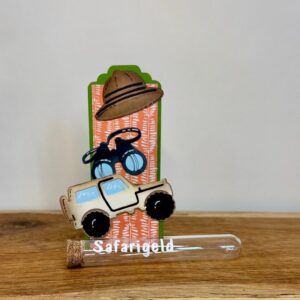 Safarigeld Geschenk mit Jeep, Safari-Hut und Reagenzglas für Geldgeschenke
