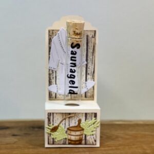 Saunageld Geschenk mit Sauna Motiven und Reagenzglas für Wellness Gutscheine
