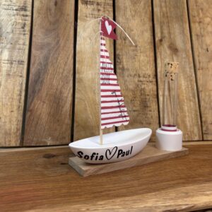 Personalisiertes Geldgeschenk Hochzeit Boot mit Name Reagenzglas